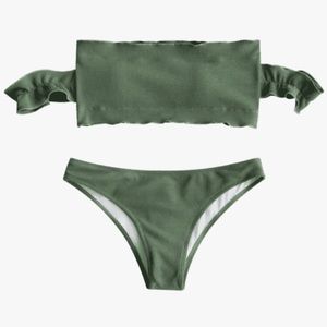 Off shoulders ruffles ribbed bikini - army green